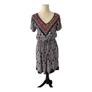 Angie Woven Rayon Art Noveau Print Beaded V-Neck Dress Medium‎